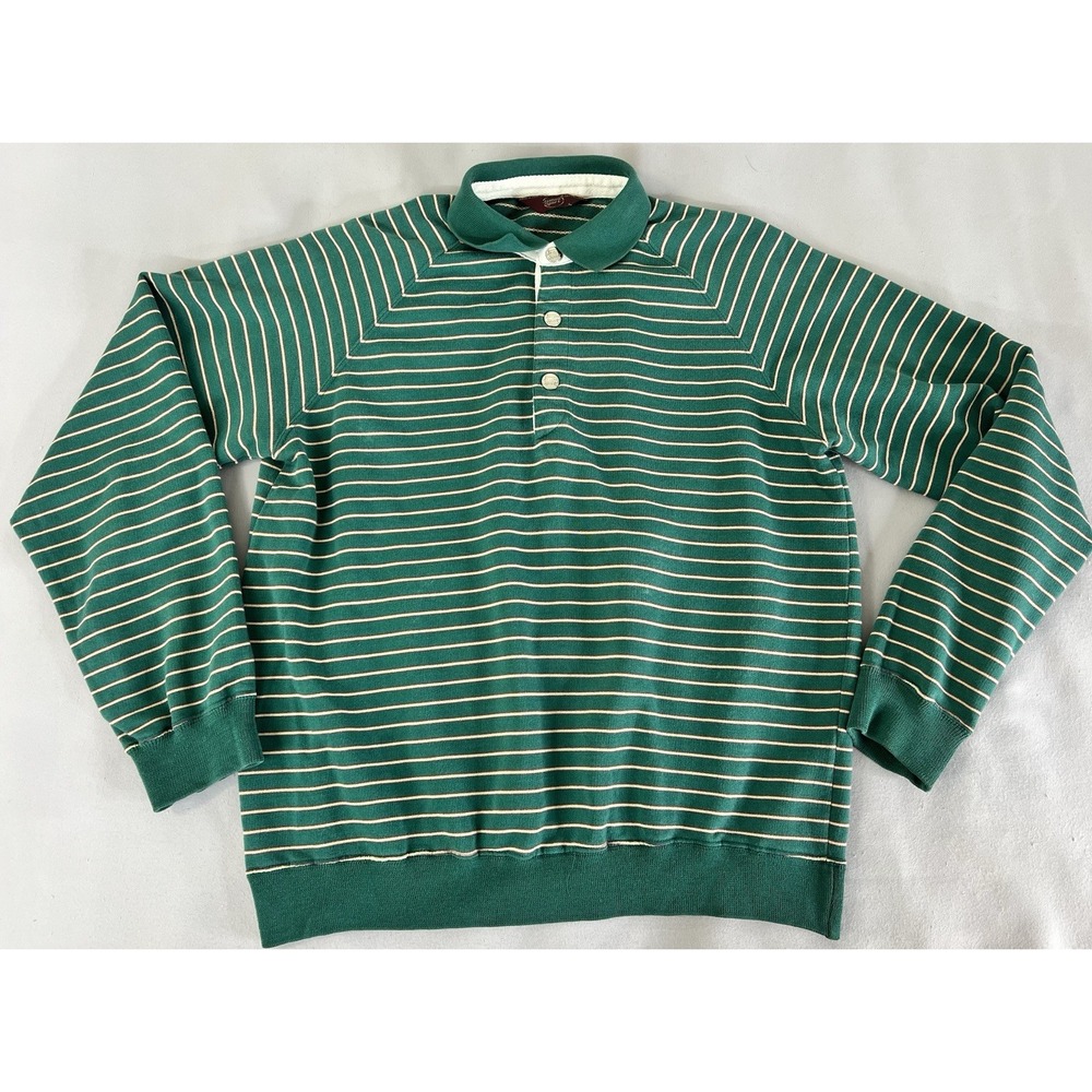 Vintage Jantzen Sport‎ Sweatshirt Polo Long Sleeve Green Stripes Men's Y2K Large